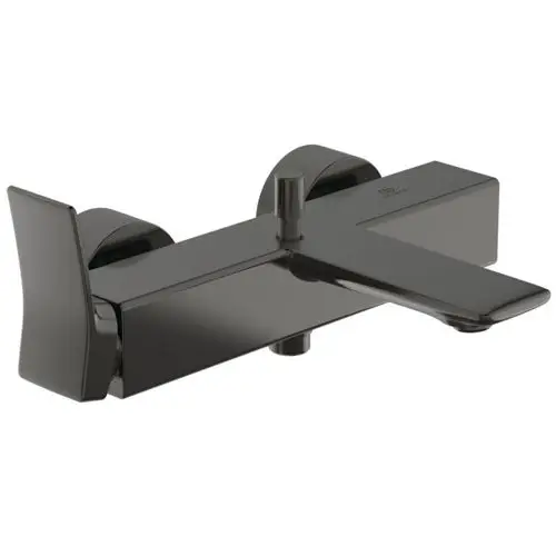 Schwarze Badearmatur von Ideal Standard mit zwei Drehgriffen und einem flachen Auslauf, montiert an einer Wand.